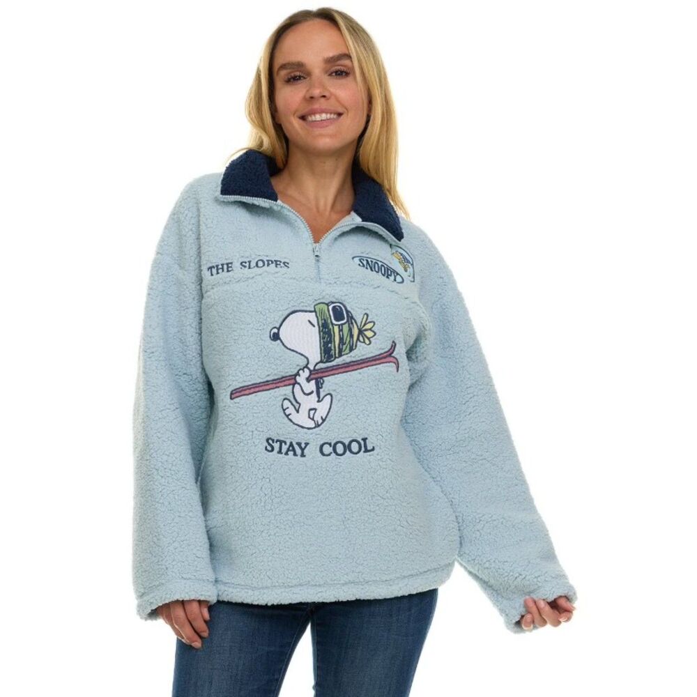 NEW Light Blue Sz XXL Embroidered SNOOPY Soft Sherpa Fleece Cozy Sweater PEANUTS - Picture 2 of 10